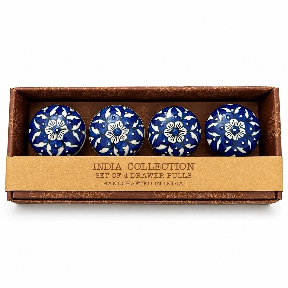 India Collection Blue White Ceramic Drawer Knobs Set of 4 Handcrafted Floral